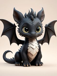 a small black dragon sitting on top of a white floor