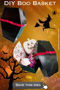 an image of halloween gift boxes in the air with text that reads, diy boo basket save this idea