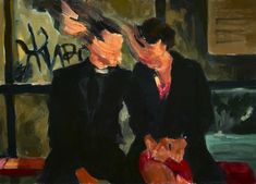 an oil painting of two people sitting next to each other