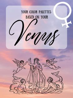 the zodiac sign for venus with an image of two angels in front of a sunset sky