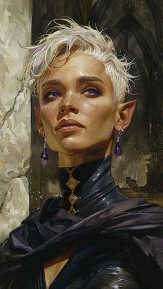 a painting of a woman with white hair and purple eyes wearing a black leather outfit