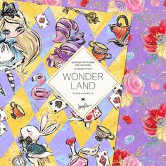 an image of alice in wonderland paper with flowers and hearts on the background, including roses