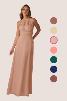 a woman in a long dress standing next to color swatches and the image shows different colors