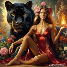 a woman in a red dress sitting next to a black cat with flowers on her head