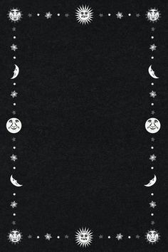 a black and white photo with stars, crescents and moon faces on the side