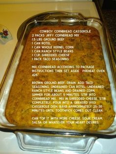 a casserole dish with instructions on the side