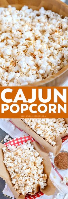 cajun popcorn in a bowl with the words cajun popcorn above it and an image of