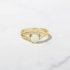 Yellow Gold Wedding Set, Dainty Opal Ring, Rings Stacked, Vintage Opal Engagement Ring, Gold Opal Ring, Opal Stacking Ring, Opal Engagement Ring Set, Sterling Silver Opal Ring, Anniversary Ring Set