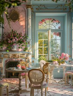 a dining room filled with lots of furniture and flowers