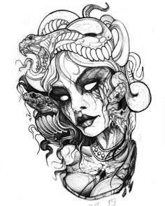 a drawing of a woman's face with horns and snakes on her head, in black