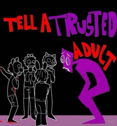 a drawing of people standing in front of a sign that says tell a twisted adult