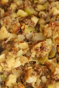 the best sausage apple stuffing recipe with text overlay that reads, the best sausage apple stuffing