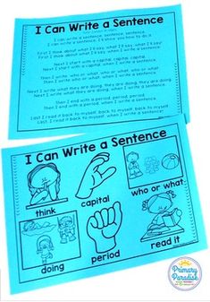 two blue posters with words and pictures on them, one says i can write a sentence