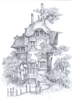 a drawing of a house in the woods