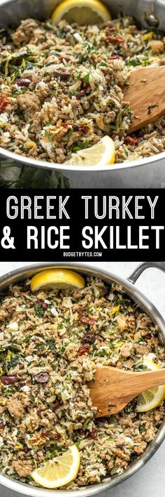 two pans filled with greek turkey and rice skillet next to lemon wedges