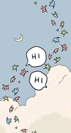 two speech bubbles floating in the air with birds flying around them and one has an h on it's face