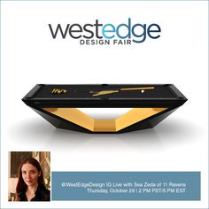 the westside edge design fair flyer features a pool table with gold accents and a woman's face