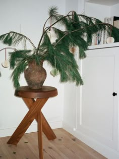 a potted plant sitting on top of a wooden stool next to a white wall