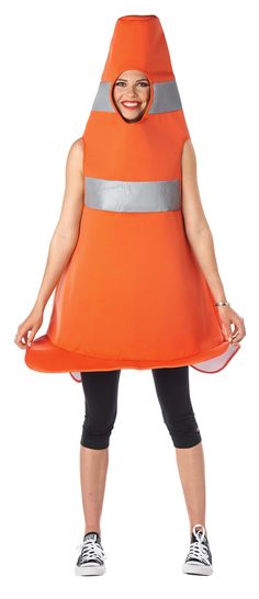 a woman wearing an orange cone costume