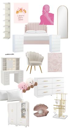 a collage of white furniture and accessories with pink accents on the walls, including a bed