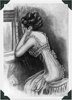 an old fashion drawing of a woman in a dress sitting at a window sill