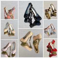 nine pairs of shoes are shown in different colors and sizes, all with high heels