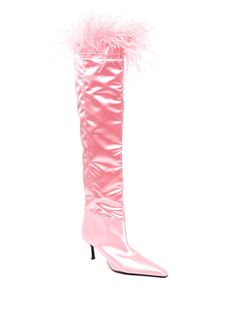 Ostrich Feather Trim, Pointed Boots, Feather Trim, Ostrich Feathers, Pink Satin, Stiletto Heel, Alexander Wang, High Boots, Knee High Boots