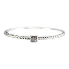 Brand: David Yurman  Gender: Unisex  Metal Type: 925 Sterling Silver  Length: 7.50 inches  Width: 3.00 mm  Weight: 15.77 Grams  Silver diamond bangle bracelet. The metal was tested and determined to be 925 (STERLING) silver. Engraved with "925". The "David Yurman" trademark (or hallmark) can also be found on the item.  Pre-owned In excellent condition. Might show minor signs of wear.  Pavé set in 925 (sterling) Silver with:  Nine (9) round brilliant cut natural diamonds:  Measurements: 1.10mm - Modern Bangle, 18k Gold Bangle, Silver Confetti, Diamond Bangle Bracelet, Plastic Bangles, Resin Bangles, Enamel Bangle, Diamond Bangles Bracelet, Crystal Bangle