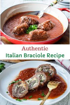 two pictures showing different types of italian meatballs in tomato sauce and an image of the same