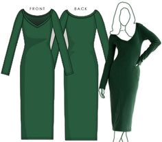 a woman's green dress with long sleeves and side slits, from front to back