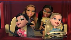 several dolls are sitting in a car on the set of barbie's hair salon