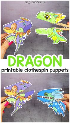 the dragon printable clothespin puppets are easy to make and perfect for children's crafts