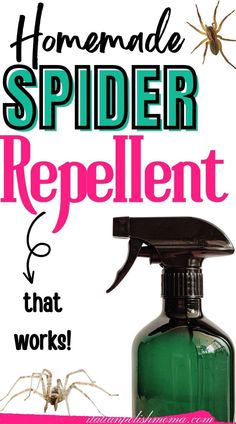 A spider repellent spray surrounded by spiders. Spider Repellent, Bug Repellent, Diy Cleaners, Cleaners Homemade