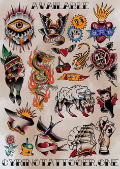 Random Traditional Tattoos, Old School Tattoo Animal, Classic Tattoo Old School, Old School Animal Tattoo, American Traditional Tattoos Color, Classic American Tattoos, Traditional Flash Tattoo Ideas, American Traditional Flash Tattoo, Old School Flash Tattoo