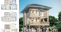 two story house with balconies on the second floor and three beds 8x 12 5m