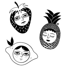 three black and white drawings of people with faces in the shape of pineapples