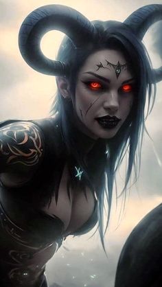 an evil woman with horns and red eyes