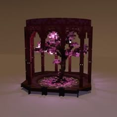 a tree in a cage with purple lights