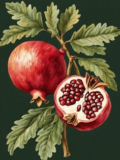 a painting of pomegranates and leaves on a dark green background,