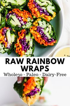 raw rainbow wraps with vegetables in a white bowl