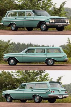 three different shots of an old station wagon