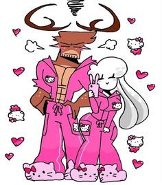 an image of two women in pink pajamas with hello kitty on the bottom and one man wearing