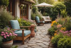 an outdoor patio with chairs and flowers in the foreground, surrounded by greenery