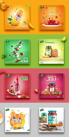 an advertisement for jams and orange juice is shown in this graphic style, with different colors