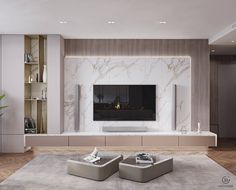 a modern living room with marble walls and flooring, two foot stools in front of the tv