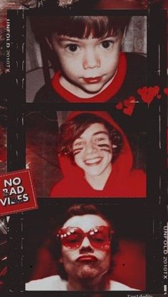 three pictures of two people with red glasses and one has no bad vibes on his face