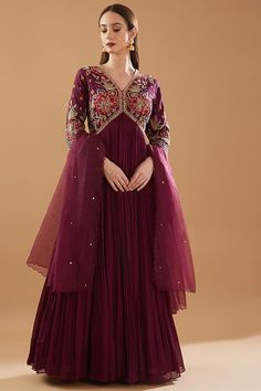 Wine Georgette Embroidered Anarkali Set Design by Baidehi at Pernia's Pop Up Shop 2023 Maroon Anarkali, Anarkali Patterns, Outfit Info, Anarkali With Dupatta, Anarkali Dresses, Long Gown Design, Embroidered Anarkali, Anarkali Dress Pattern, Outfits Woman