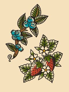 an image of two flowers and berries on the side of a tattoo design for women