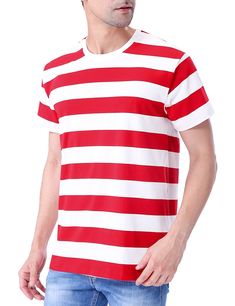 PRICES MAY VARY. Soft Material: Adopt white elastic rib collar, 80% premium cotton and double-needle cover-seam. Durable, will not fade and easy to stretch Basic design: Wide red and white striped shirt. Front and back match on sideseam Casual wear: Good choice to daily, workout, sport, office work, formal, business and dating. A basic casual short sleeve t shirt for your wardrobe Ocassion: Perfect for theme party, Christmas, New year and halloween. Dress up as robber and prisoner. Paired with b Sport Office, Blue And White Striped Shirt, Striped Shirt Women, Work Formal, Rainbow Shirt, Basic Design, T Shirt Costumes, Striped Long Sleeve Shirt, Striped T Shirt