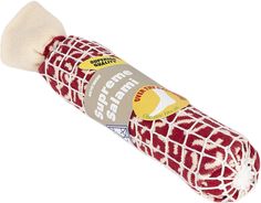 a red and white wrapped hot dog on a white background